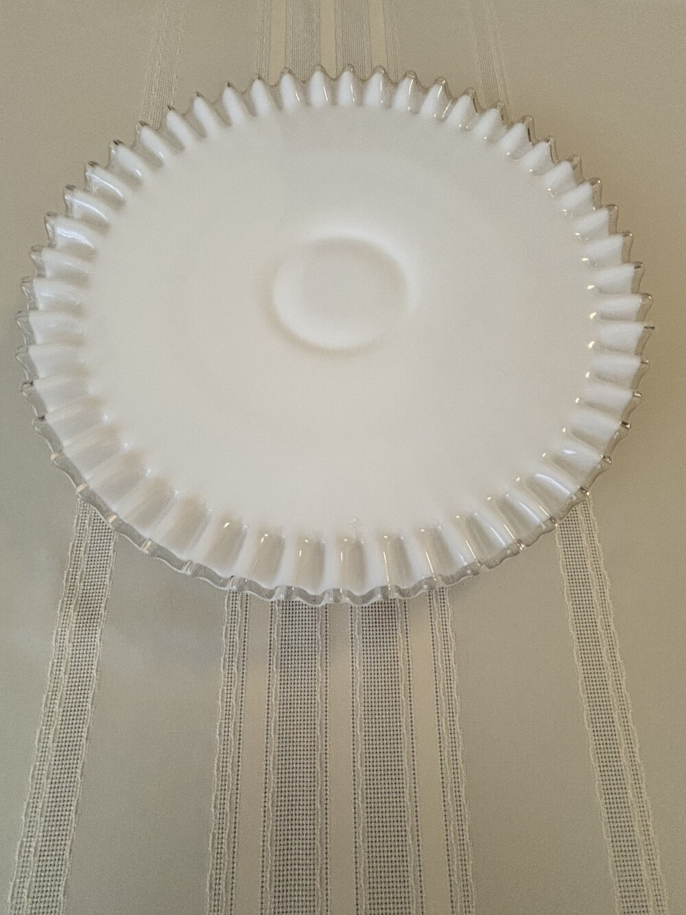 VNTG FENTON Silver Crest Milk Glass Cake Plate Low Footed Ruffled Clear Rim 12"